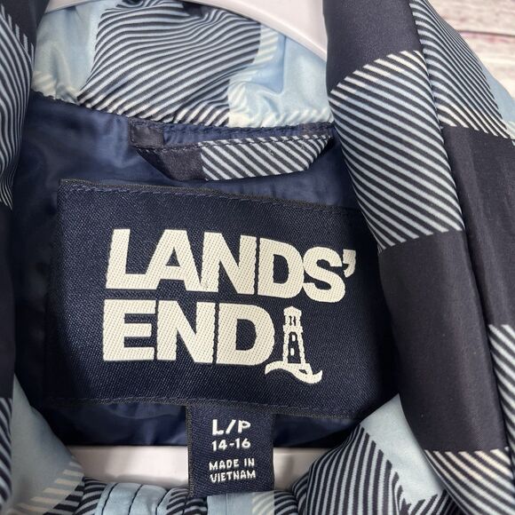 Land's End Puffer Blue Plaid Down Feather Insulated Full Zip Vest L/P 14/16 - Picture 5 of 10